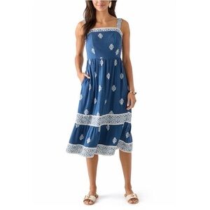 Lucky Brand Lace Print Trim Spring Midi Dress  Pockets M NWT